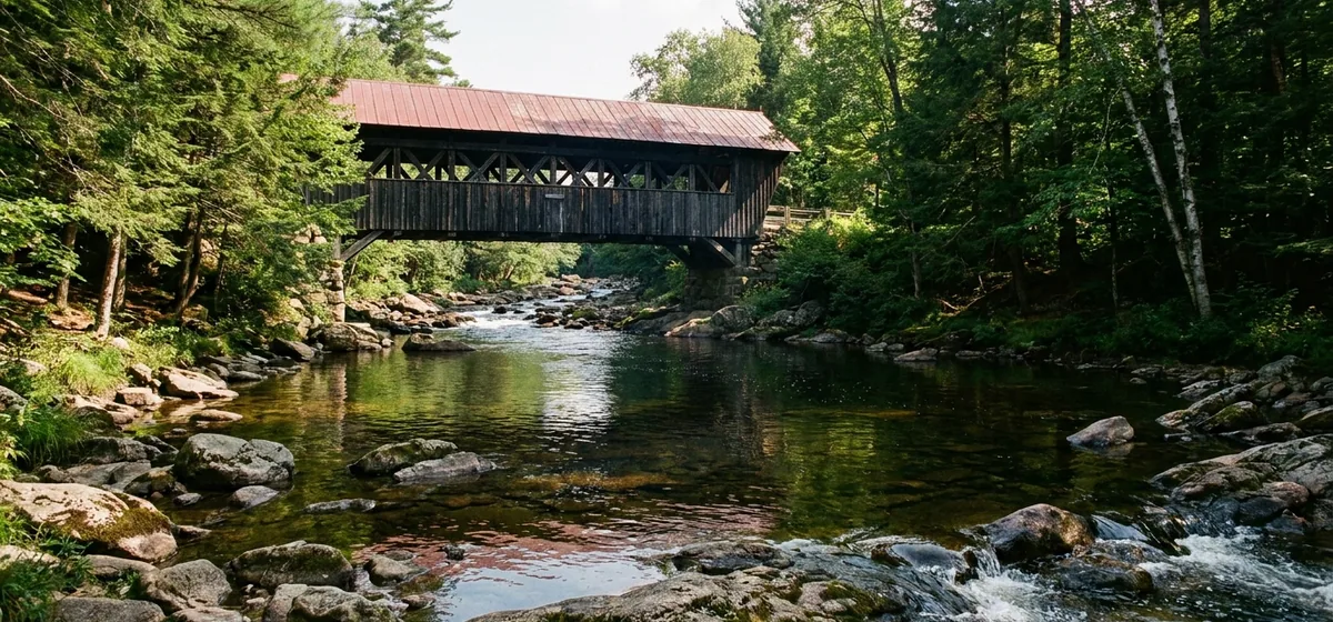 Jay Covered Bridge and the Jay Rapids swimming holes in Jay, New York