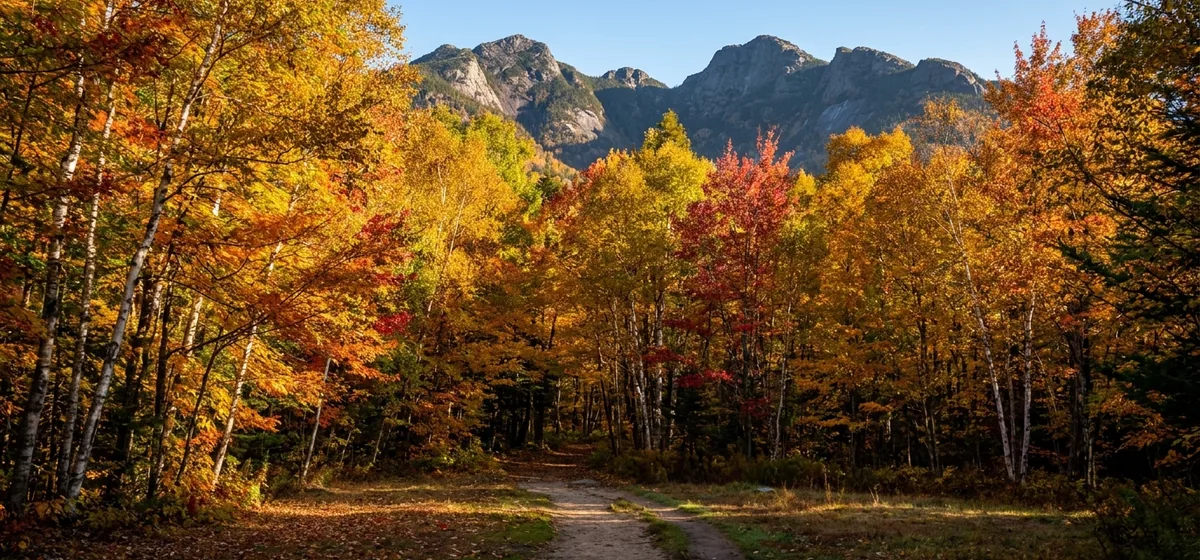 Autumn trailhead leading into the High Peaks near Keene, New York