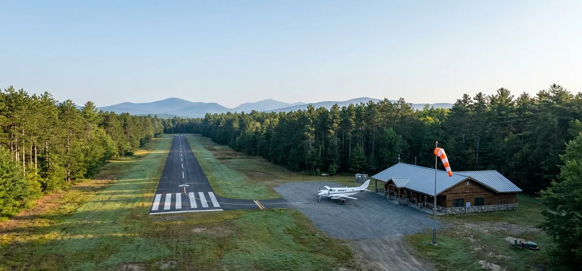 Small regional airport runway surrounded by Adirondack forest near Lake Clear, New York