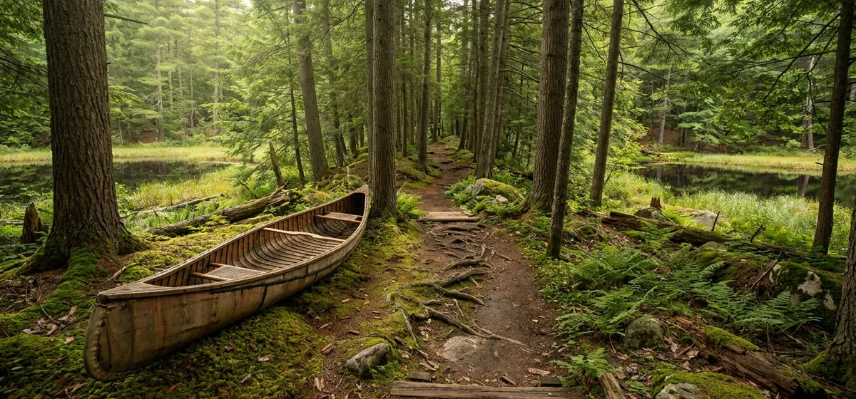 Canoe on a wooded portage trail between ponds near Lake Clear, New York