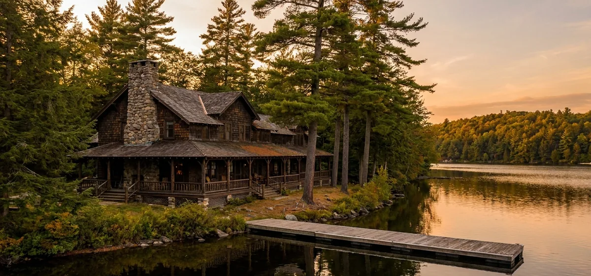 Large shingled Adirondack lodge on a wooded lakefront near Lake Clear, New York
