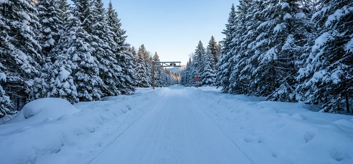 Groomed former rail corridor through snowy woods near Lake Clear, New York