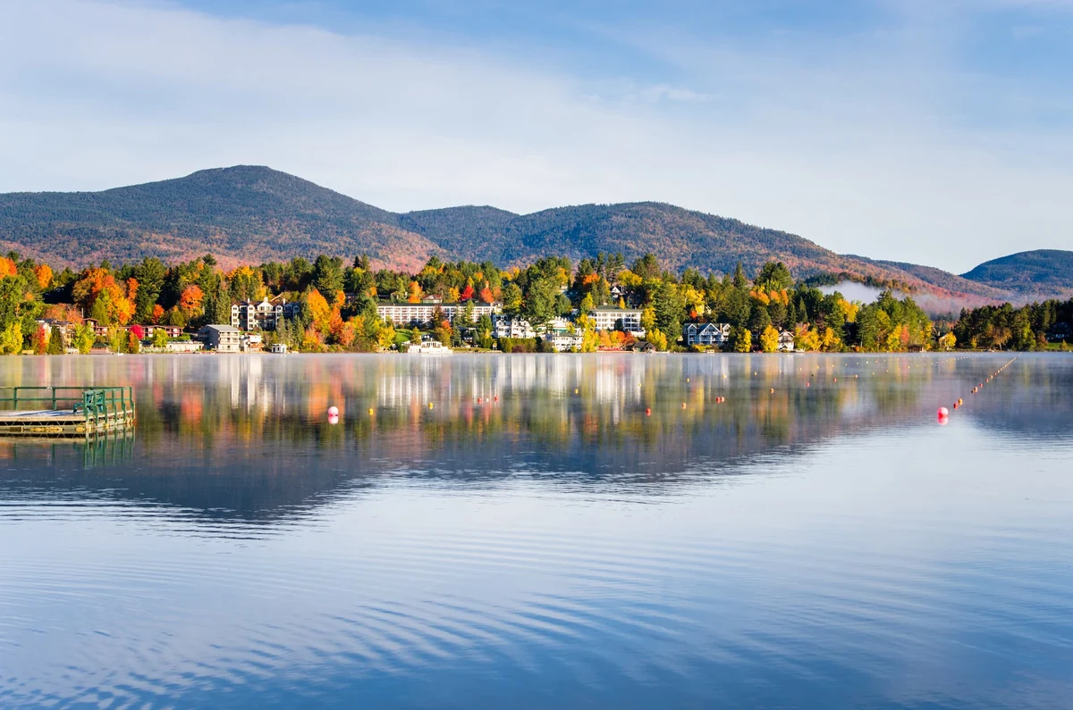 Autumn lakefront and village shoreline in Lake Placid, New York