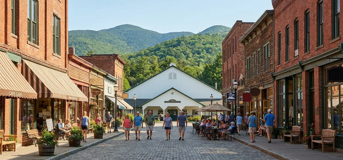 Main Street shops and the Olympic Center in Lake Placid, New York