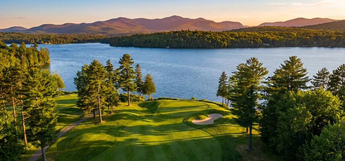 Golf fairway and lakefront at the Whiteface Club in Lake Placid, New York