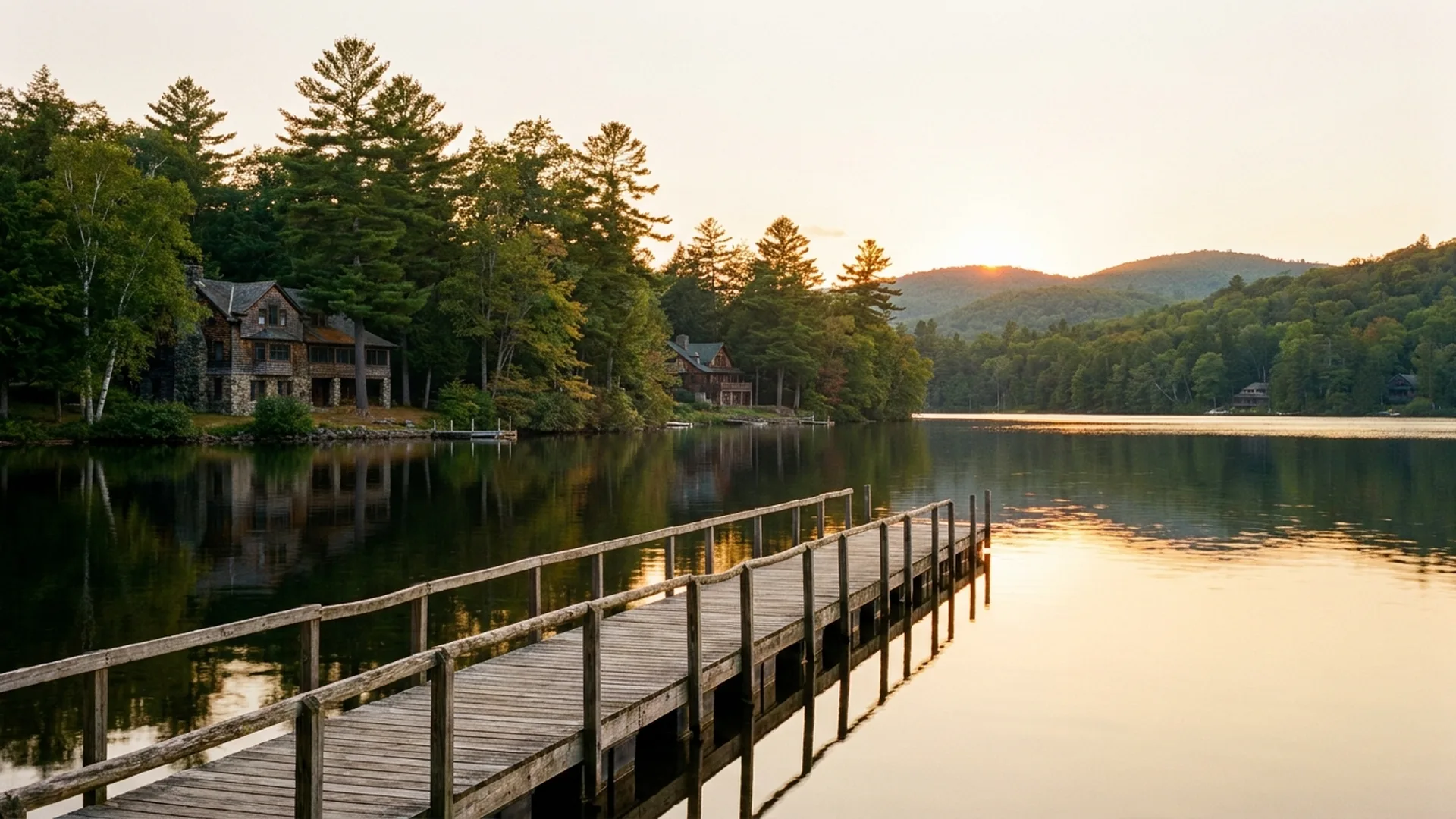 Long private lake at evening with wooded shoreline and a small dock at Loon Lake in Franklin County, New York