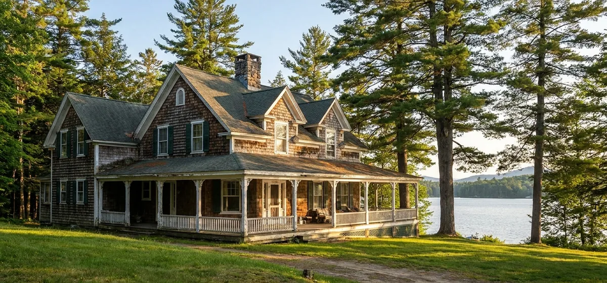 Restored Victorian resort-era cottage with a wide porch at Loon Lake, New York