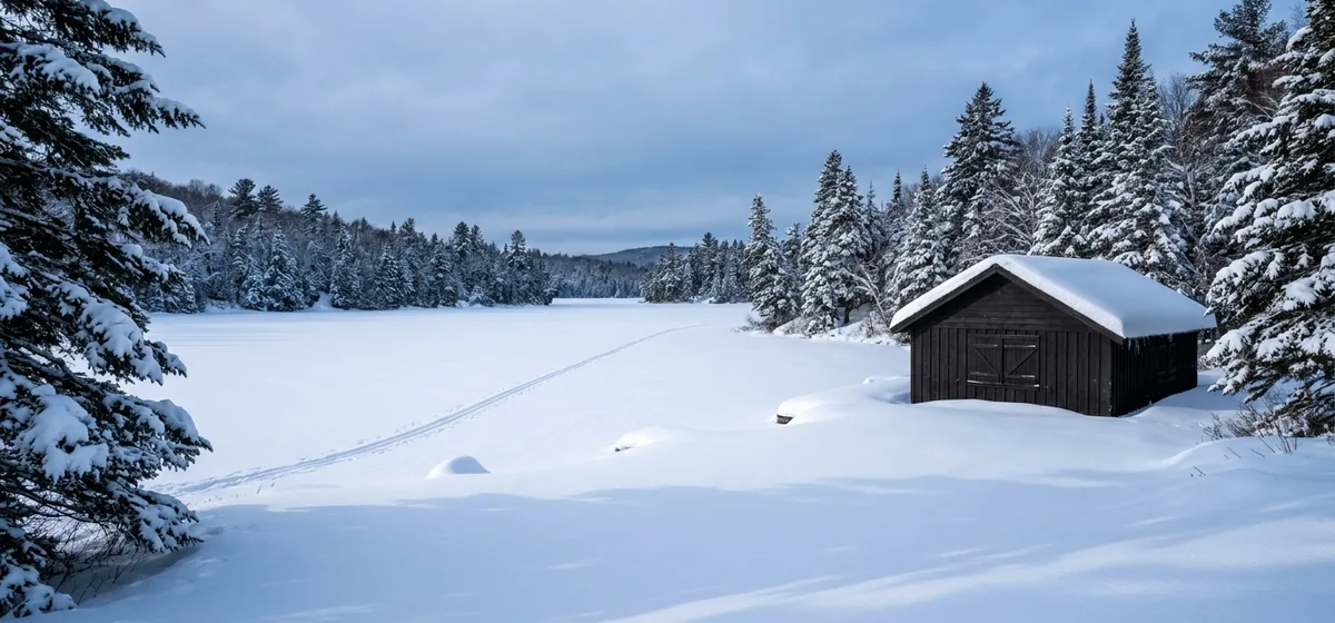 Frozen lake and snow-covered evergreens at Loon Lake, New York in winter