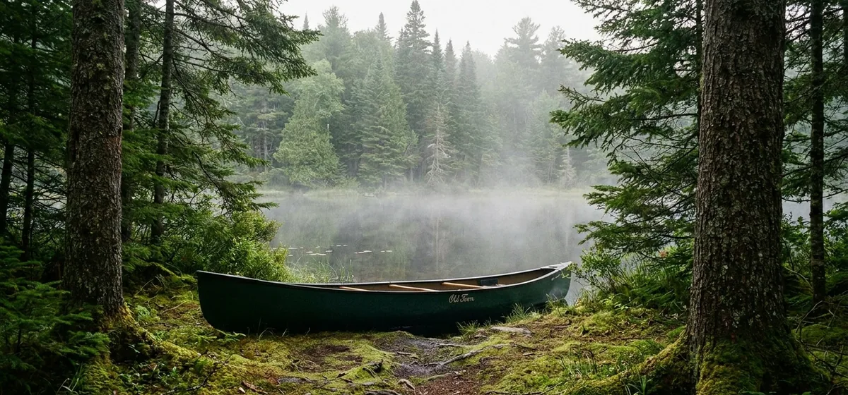 Canoe drawn up on the shore of a remote pond in the St. Regis Canoe Area near Paul Smiths, New York