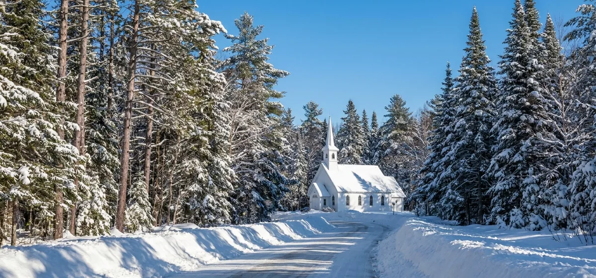 Snow-covered groomed cross-country ski trail through birch woods near Paul Smiths, New York