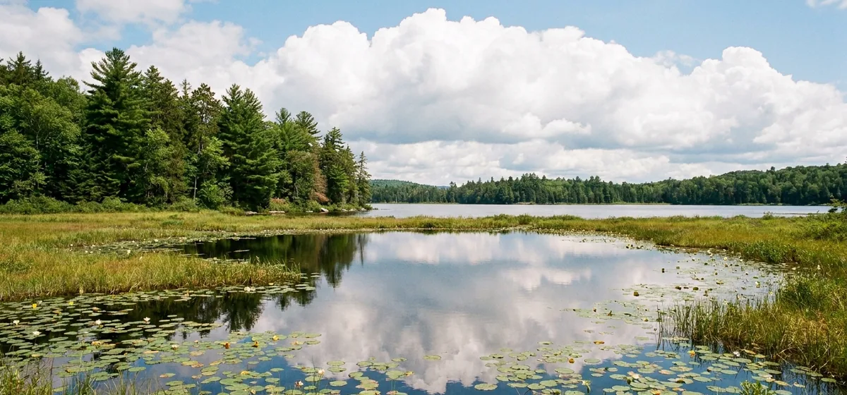 Osgood Pond seen from a pine-shaded shoreline in Paul Smiths, New York
