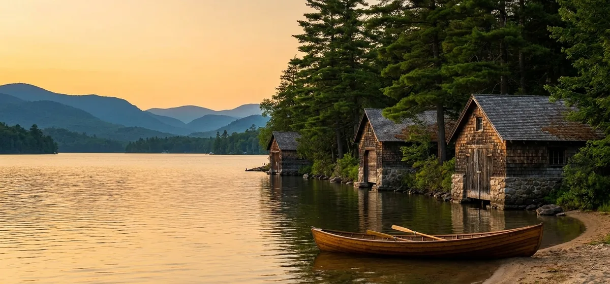 Rustic boathouse and pine shoreline on Upper St. Regis Lake near Paul Smiths, New York