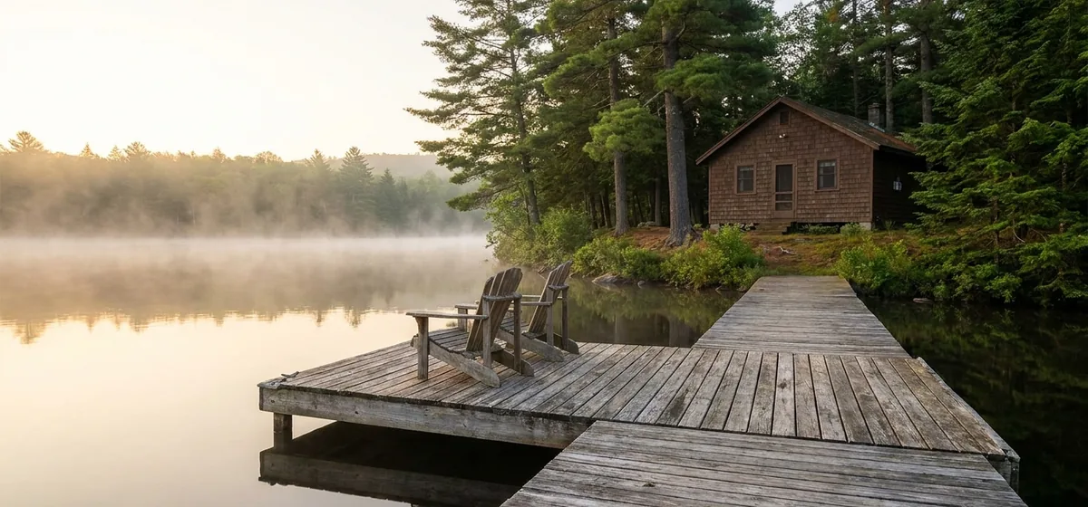 Wooden dock and private family camp on the shore of Rainbow Lake, New York