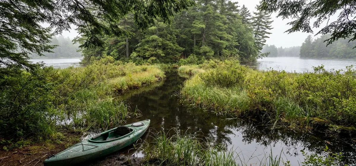 Narrow channel between wooded shores on the Rainbow Lake paddling chain, New York