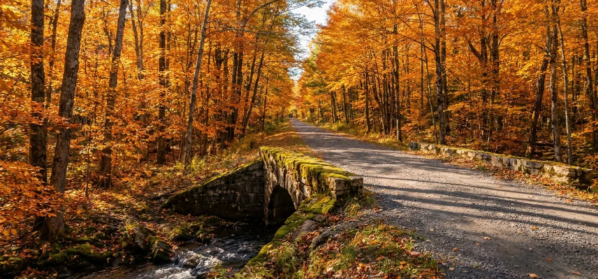 Old railroad bed walking path through autumn woods near Rainbow Lake, New York