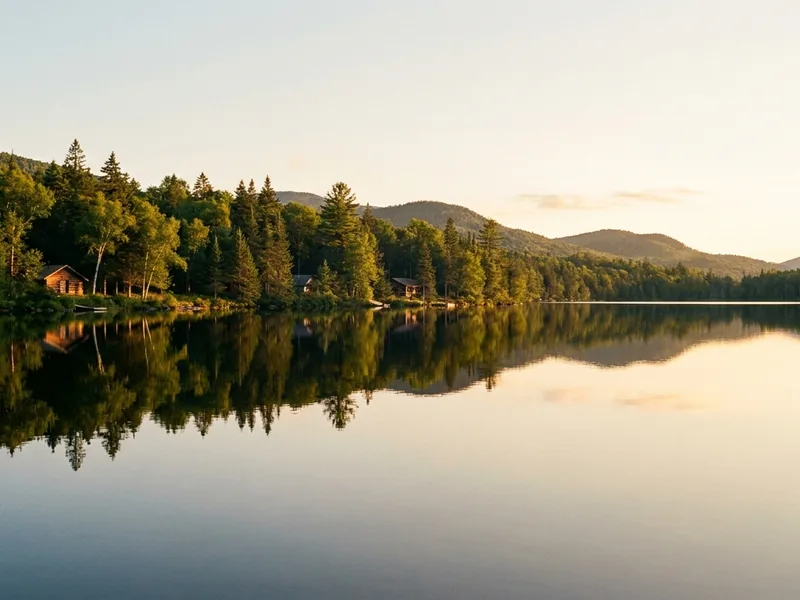 Quiet wooded shoreline at Rainbow Lake, New York