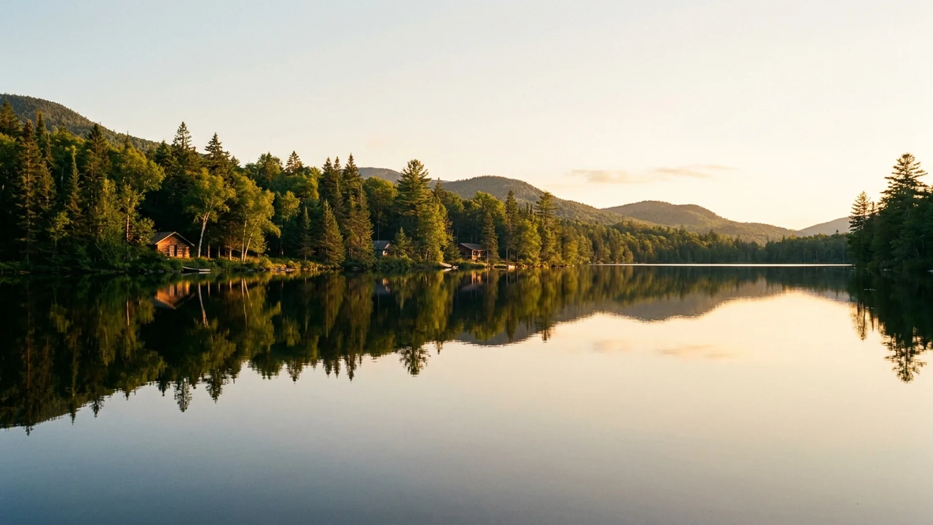 Still water and undeveloped pine shoreline on Rainbow Lake in the Adirondacks, New York
