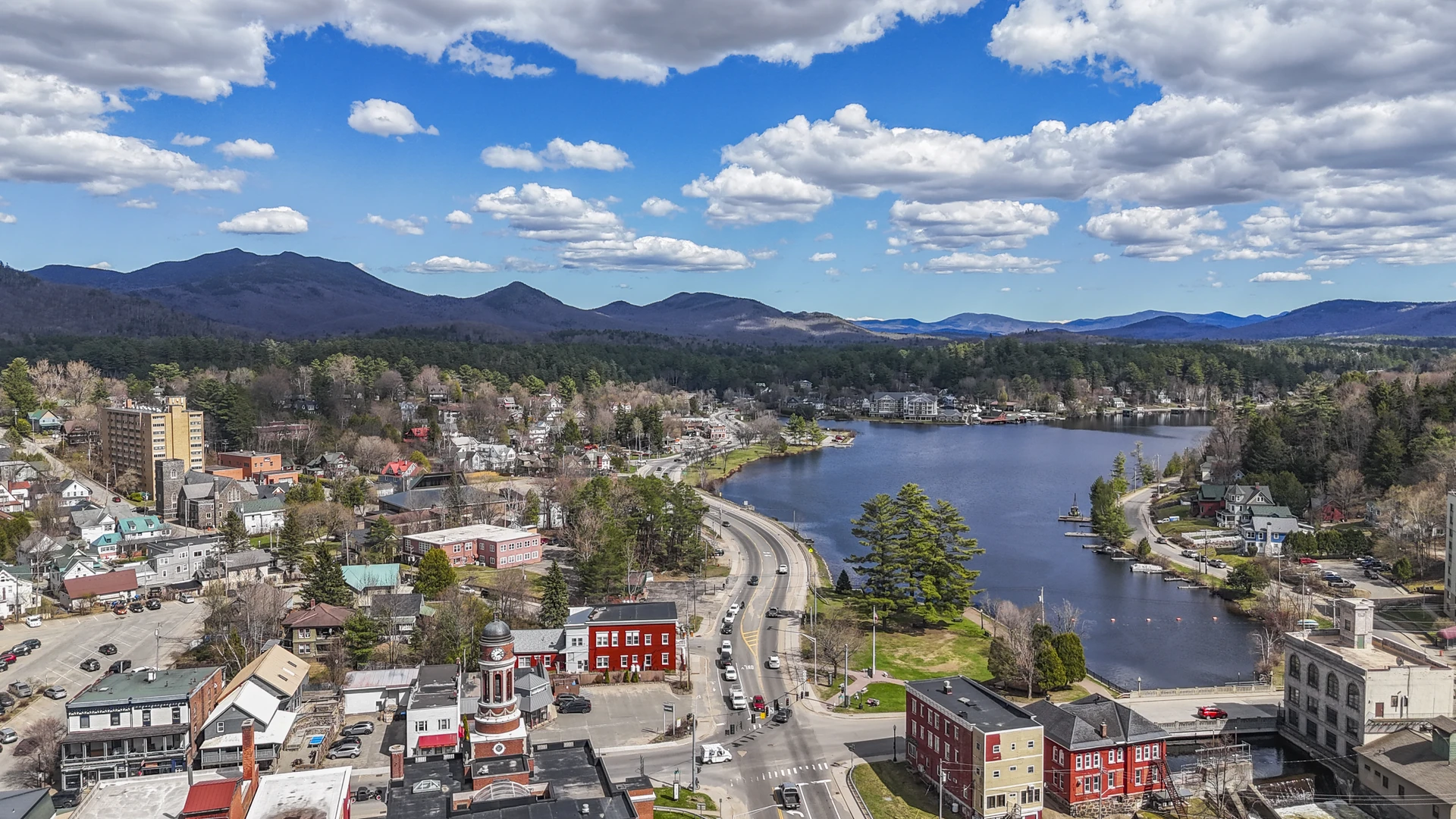 Lake Flower waterfront and village rooftops in Saranac Lake, New York