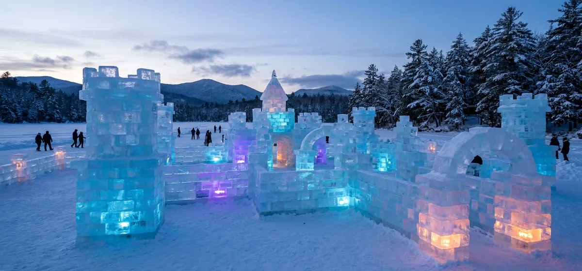 Winter Carnival Ice Palace built from lake ice in Saranac Lake, New York
