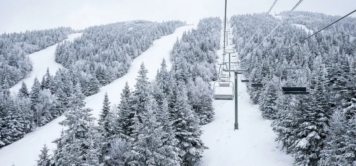 Snow-covered ski trails and chairlift at Big Tupper in Tupper Lake, New York