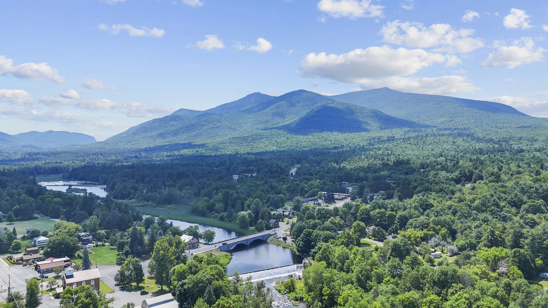 Whiteface Mountain rising above the Ausable River valley in Wilmington, New York