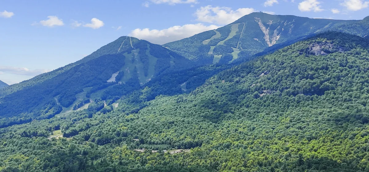 Whiteface Mountain ski trails above the forest in summer in Wilmington, New York